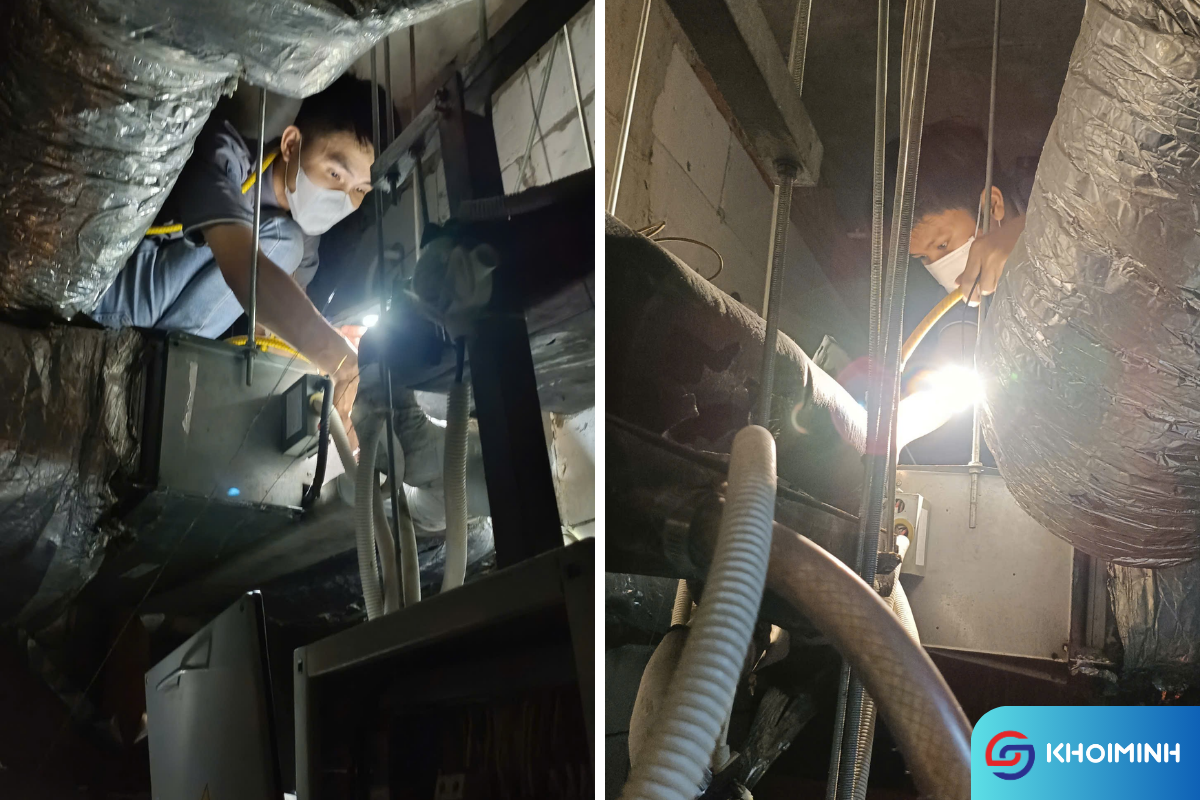 Kiểm tra đường nước ngưng, vê sinh dàn tại lầu 8 Cali của Saigon Centre