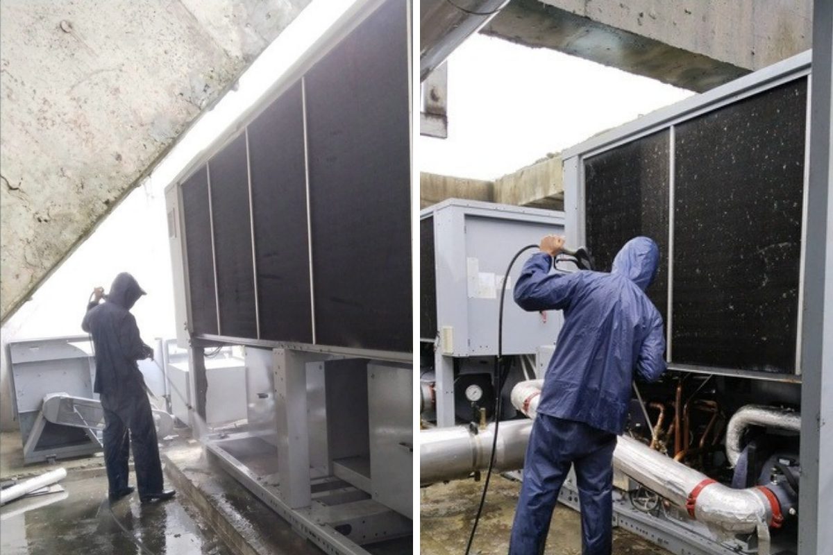 Vệ sinh d&agrave;n ngưng bằng nước &aacute;p suất cao.